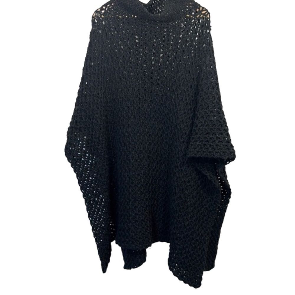 Handmade Women's Crochet Knitted Poncho Sweater Black One Size